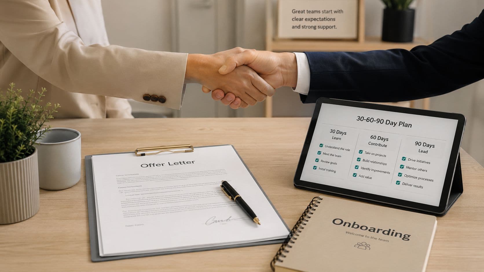 A professional handshake over a wooden desk featuring an offer letter, onboarding materials, and a job plan.