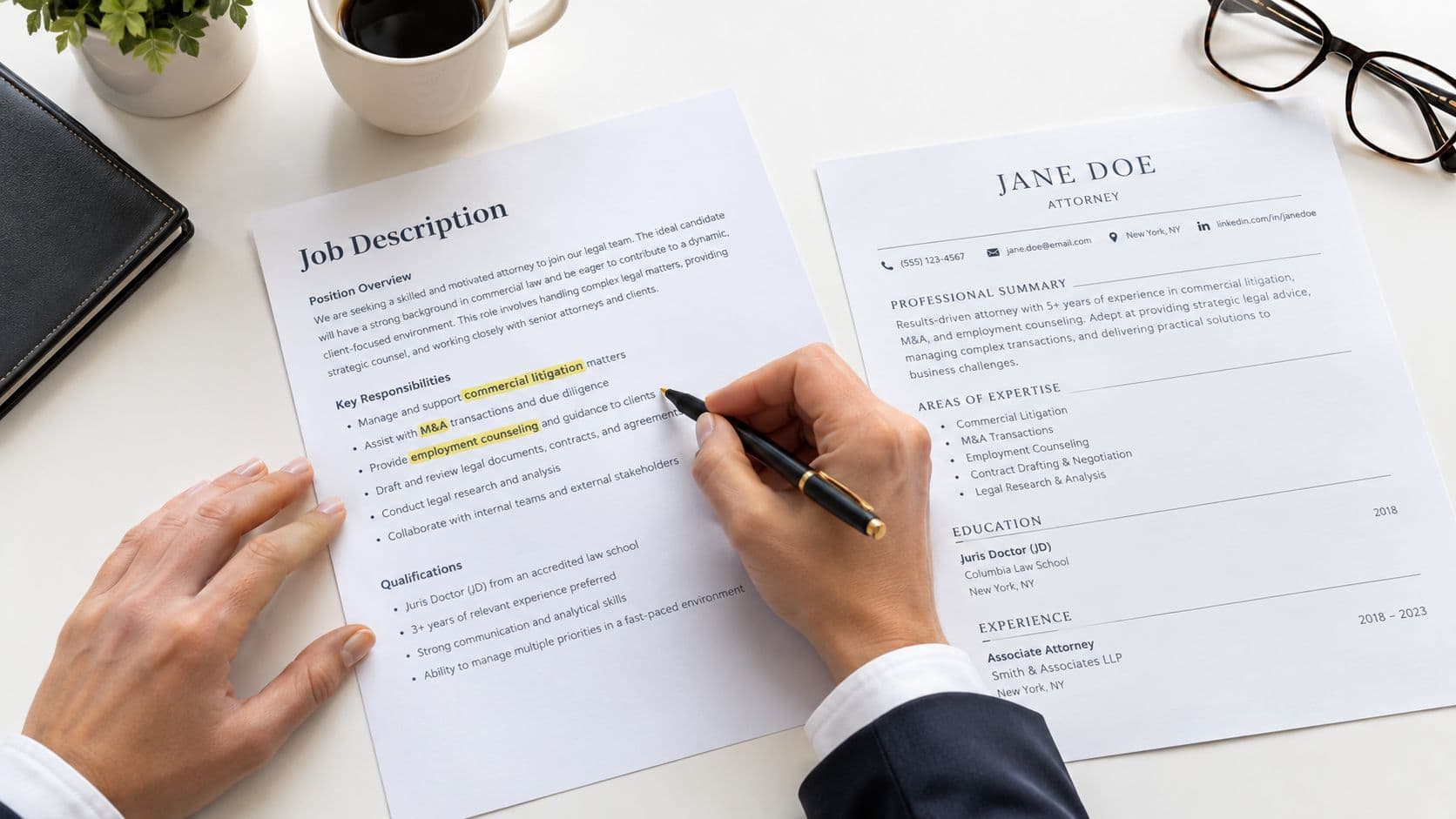 A professional attorney reviewing a job description document alongside their formal resume on a desk.