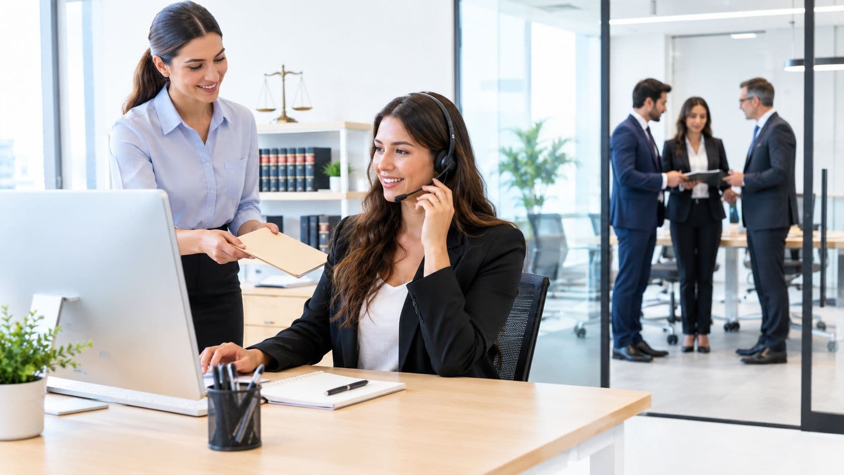 A professional legal case manager wearing a headset works at a desk while receiving document assistance.