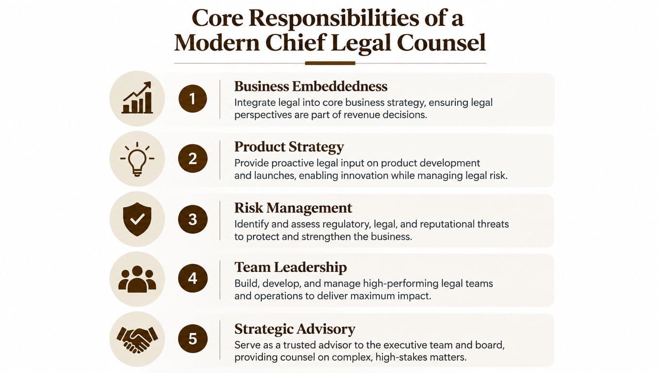 A diagram outlining five core responsibilities of a modern Chief Legal Counsel in business operations.