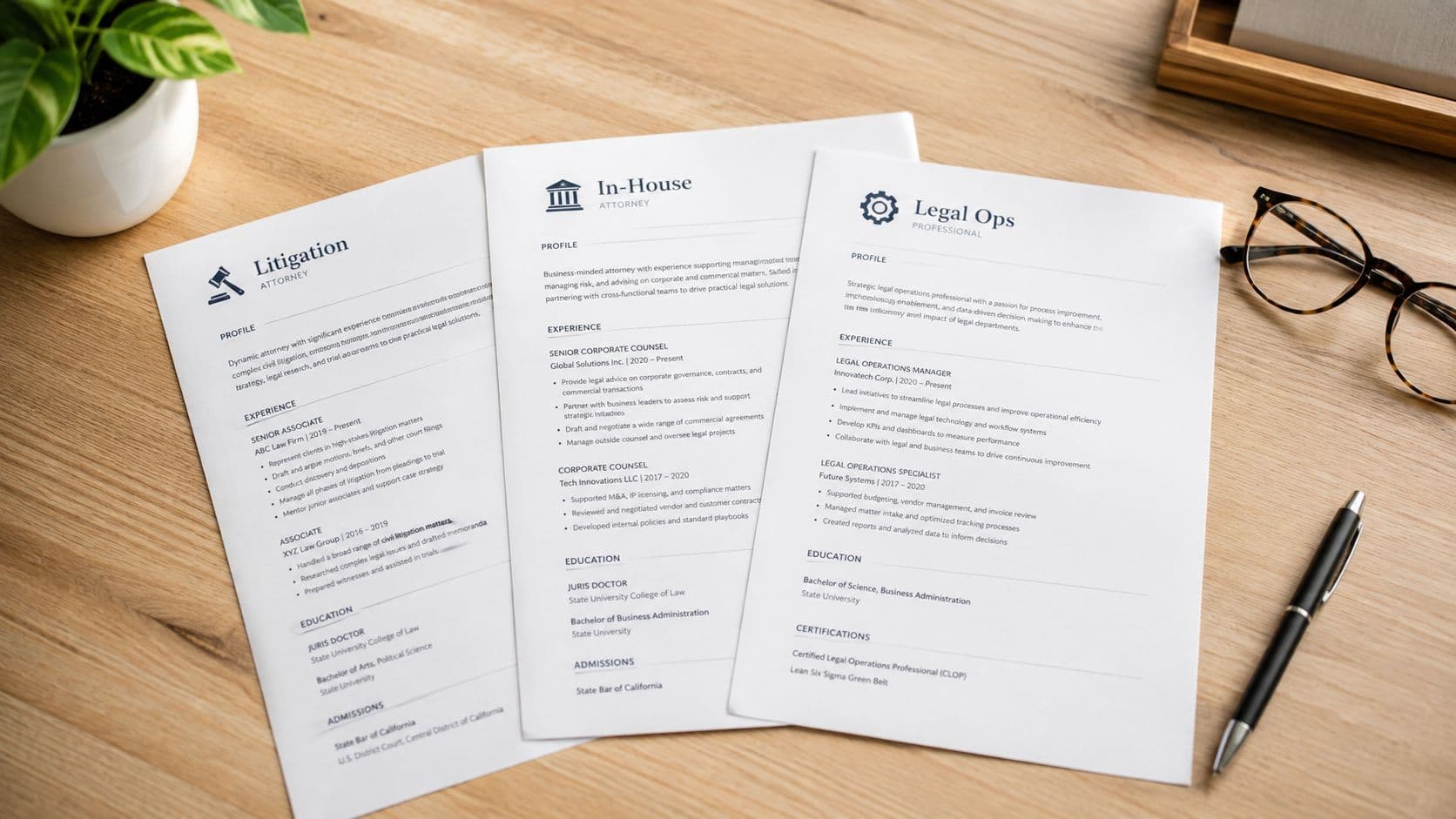 Three professional legal resumes arranged on a wooden desk next to a pen and eyeglasses.