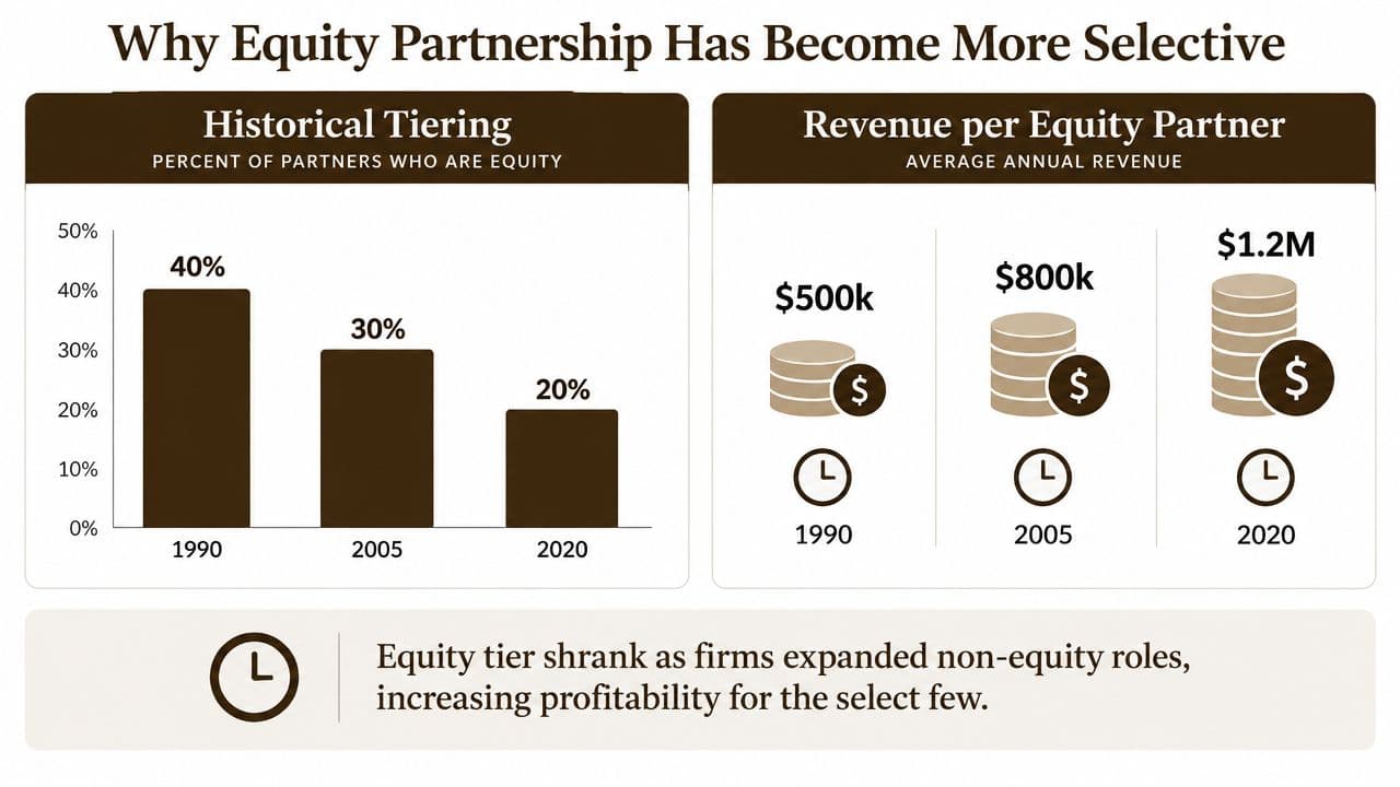 A chart showing historical trends of shrinking equity partnership percentages and increasing revenue per equity partner since 1990.