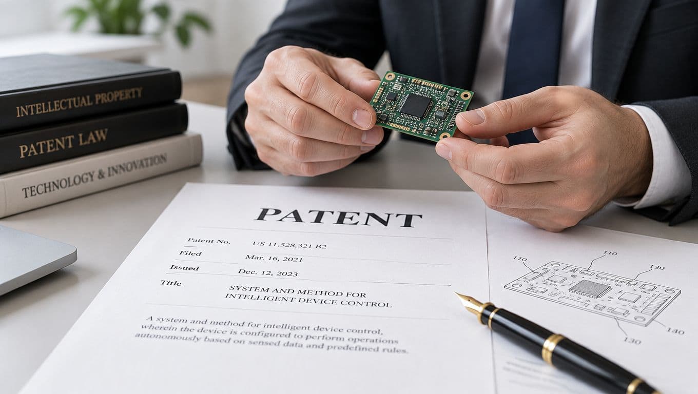 A professional in a suit holding a circuit board over a patent document on a desk.