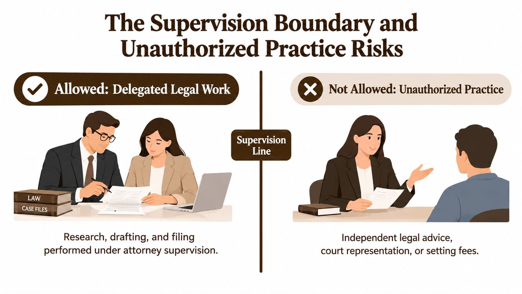 An infographic showing the difference between delegated legal work and unauthorized practice of law by a paralegal.