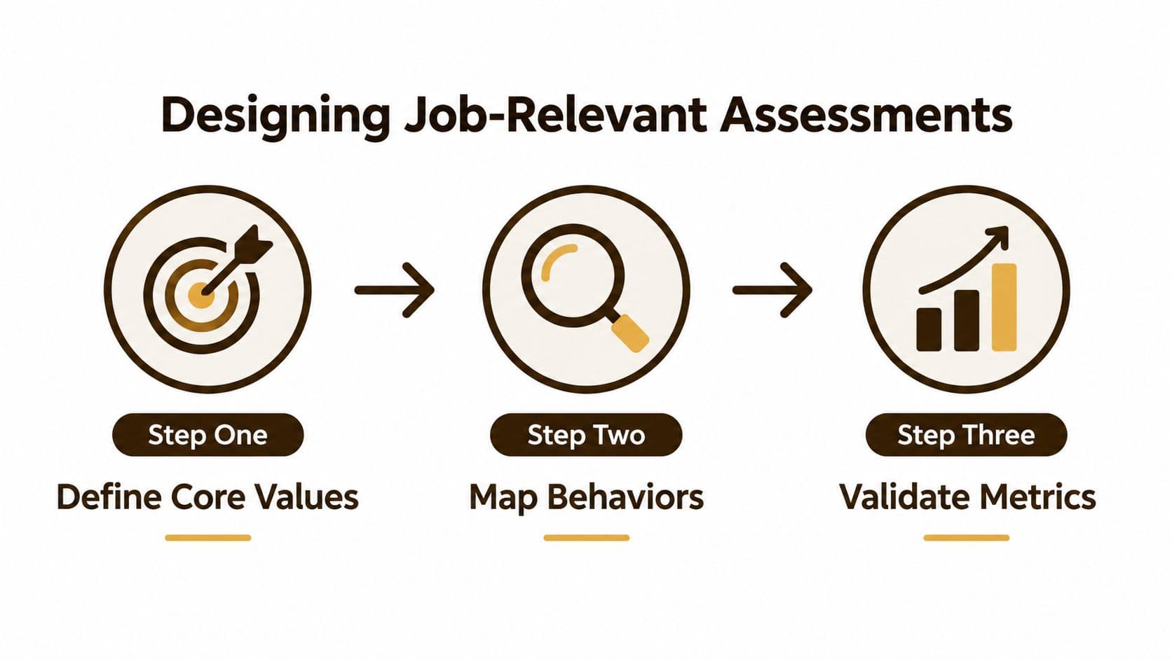 A diagram outlining a three-step process for designing job-relevant assessments for effective hiring practices.