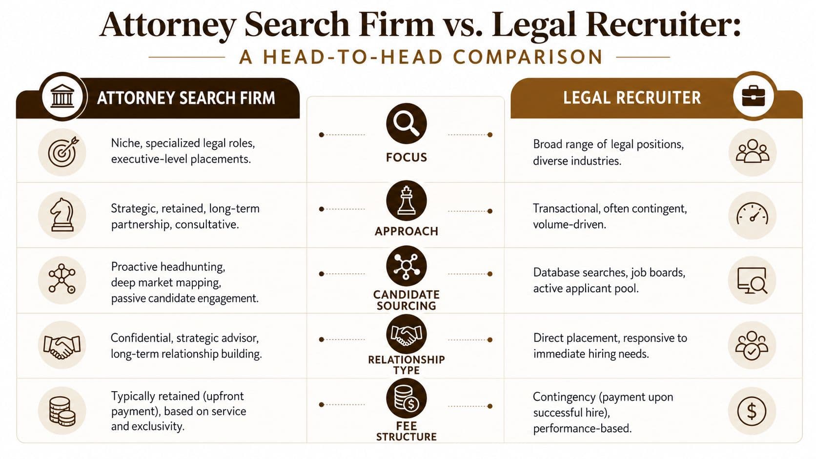 A comparison chart outlining key differences between attorney search firms and general legal recruiters for hiring.