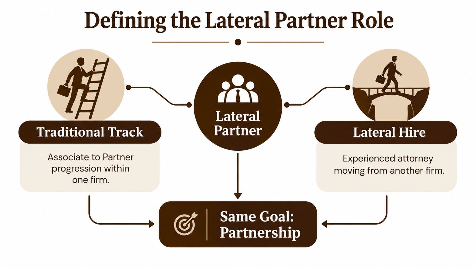 A diagram comparing the traditional associate-to-partner track with the lateral hire process for experienced attorneys.