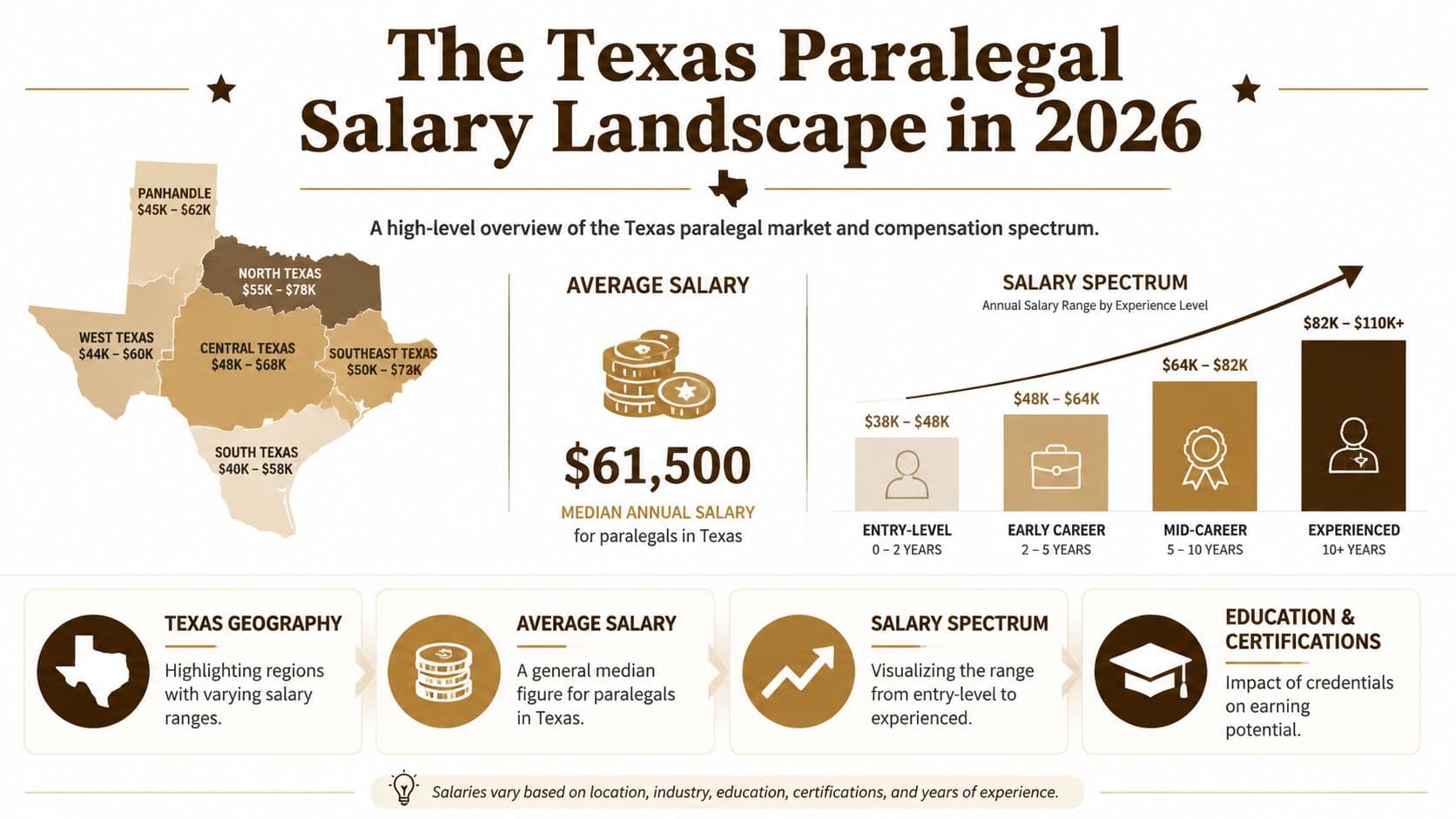 An infographic showing the paralegal salary landscape in Texas by geographic region and years of experience.