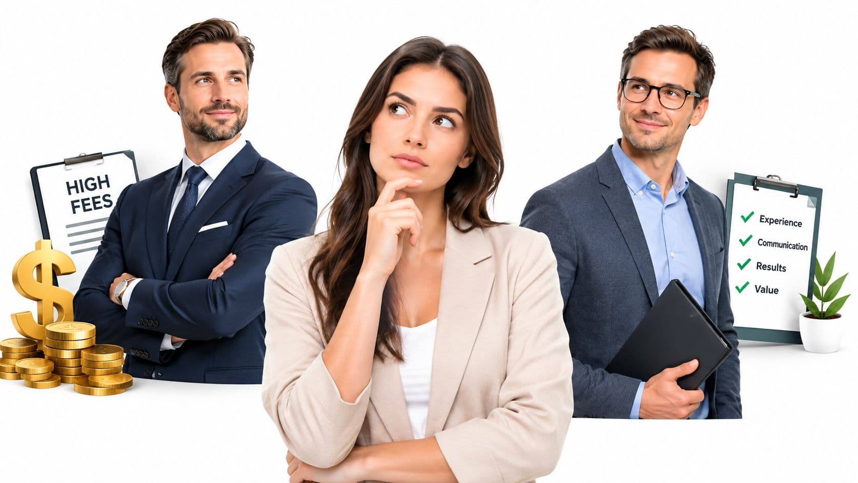 A professional woman pondering between a high-fee business partner and a results-oriented expert with transparent communication.