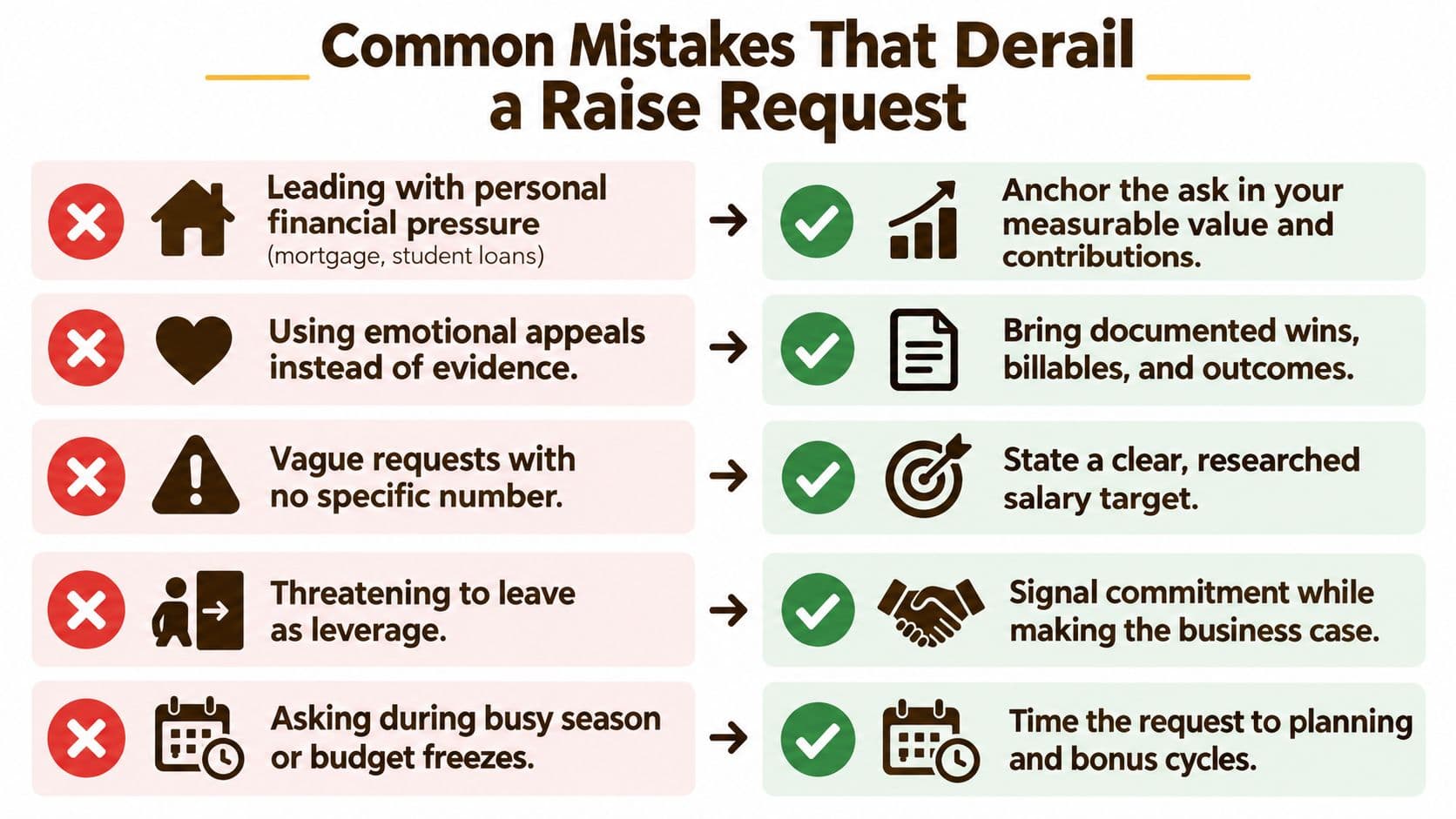 A graphic showing common mistakes that derail a raise request compared with recommended best practices for negotiations.