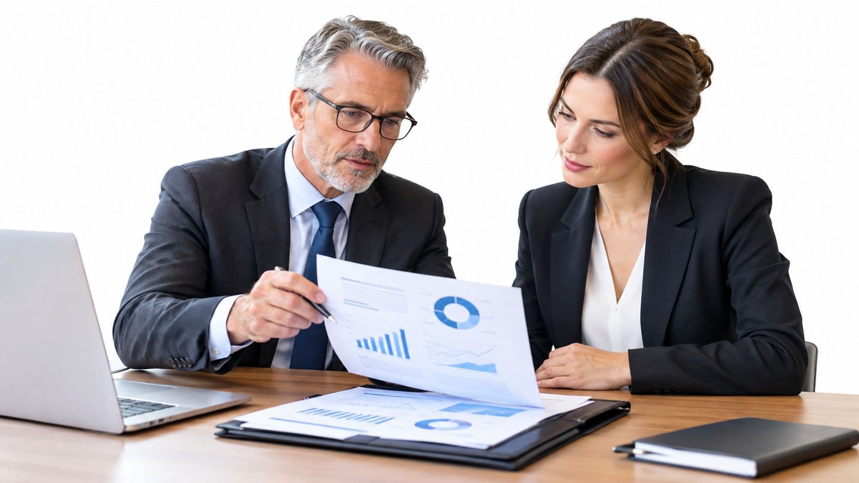 A professional man and woman in business suits reviewing financial charts and documents in an office setting.