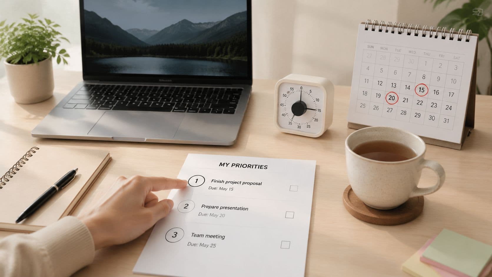 A top-down view of a productive desk setup with a laptop, priorities list, calendar, and coffee.