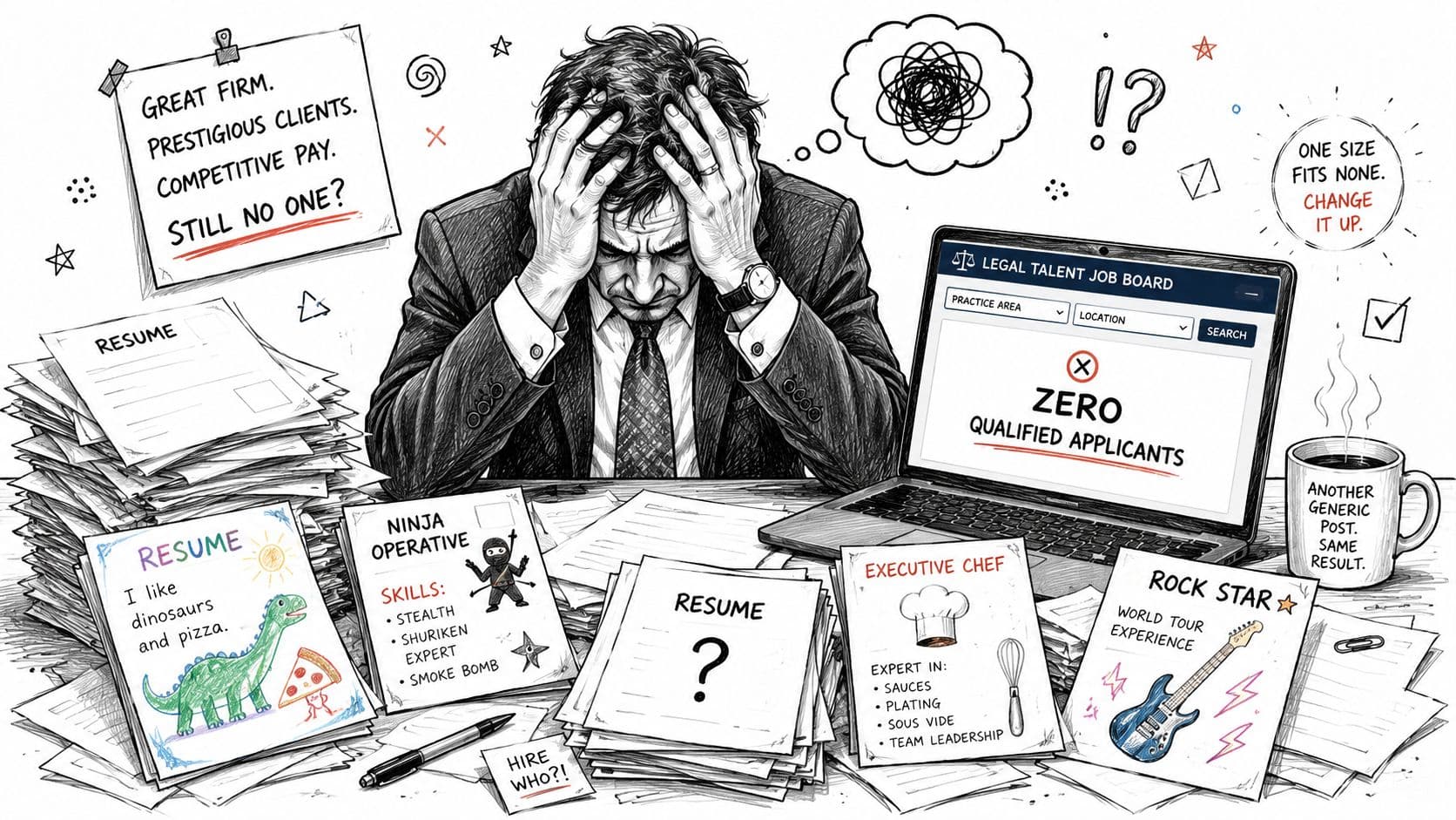 A frustrated recruiter sits at a messy desk looking at piles of irrelevant resumes and a job board screen showing zero qualified applicants.