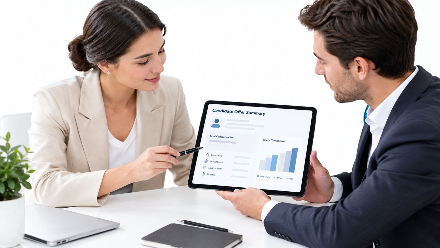 A businesswoman points to a digital offer summary on a tablet held by a colleague in a meeting.