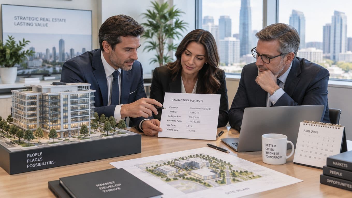 Three professionals in a modern office reviewing a transaction summary and architectural models of a real estate development.