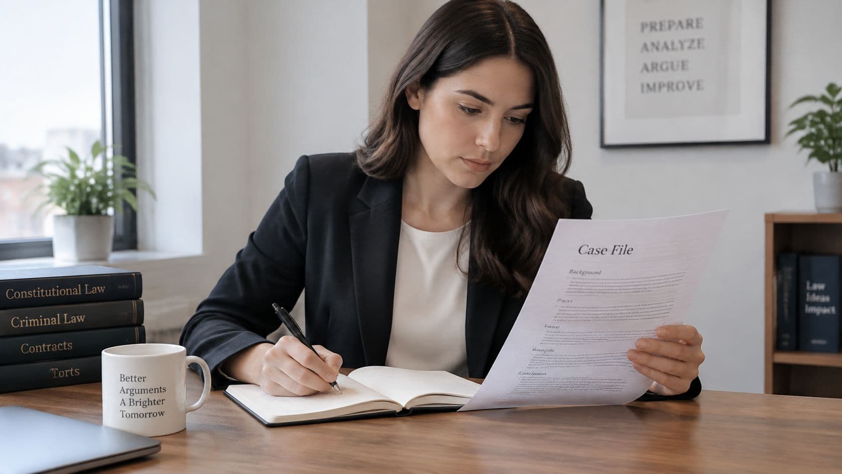 A professional lawyer sitting at a wooden desk, reviewing a case file and taking notes in a journal.