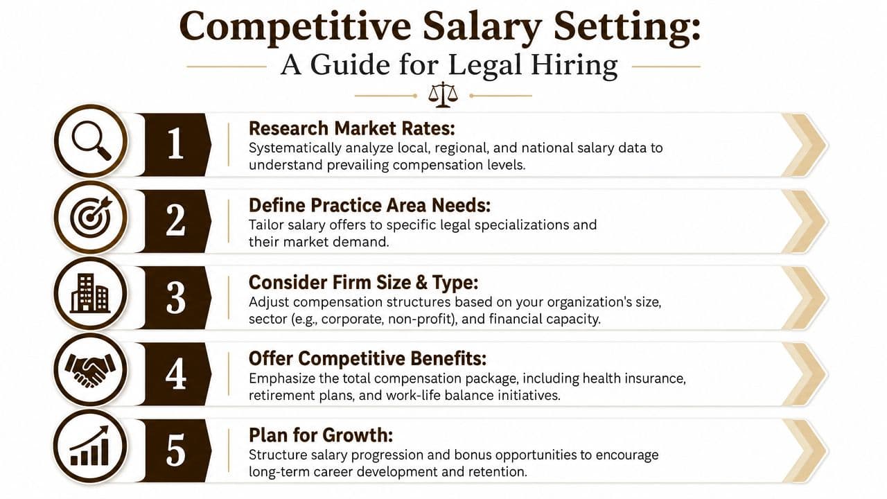 An infographic outlining five key steps for determining competitive salaries when hiring legal professionals.