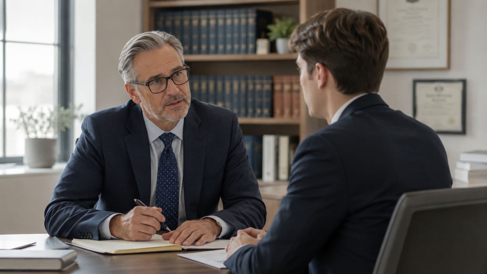 An experienced professional in a suit and glasses interviews a younger candidate in a formal office setting.
