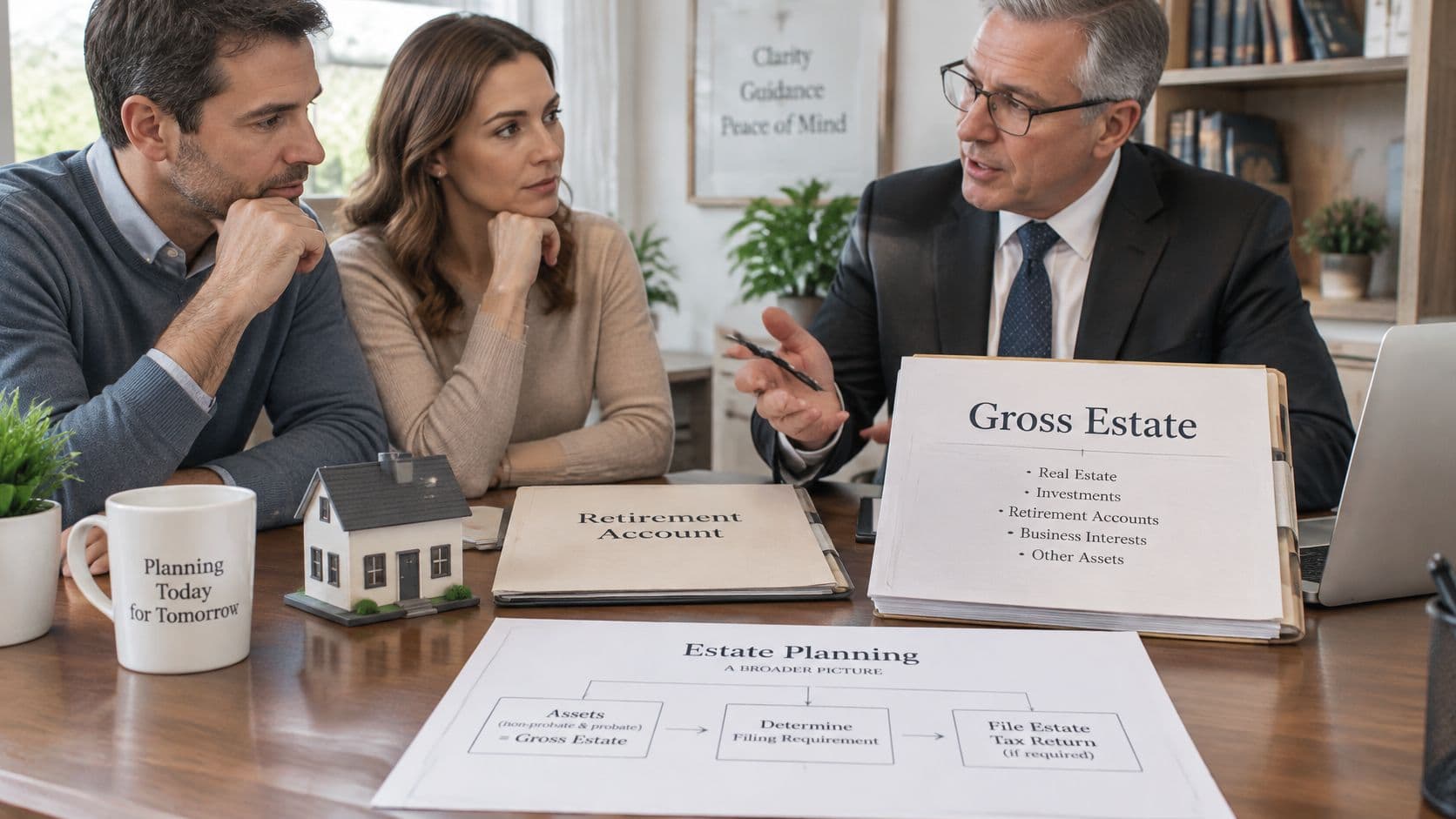 A financial advisor discusses estate planning and gross assets with a couple in a professional office setting.