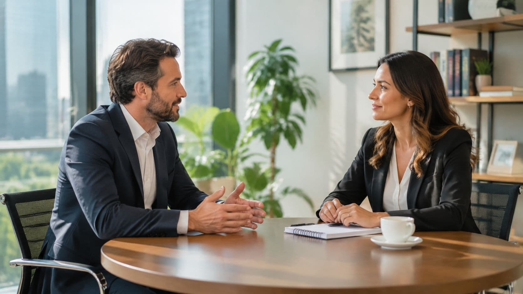 A professional man and woman in business suits having a meeting at a round office table.