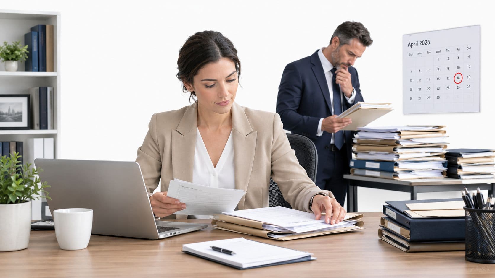 A professional legal case manager reviewing documents at a desk in a modern law office setting.
