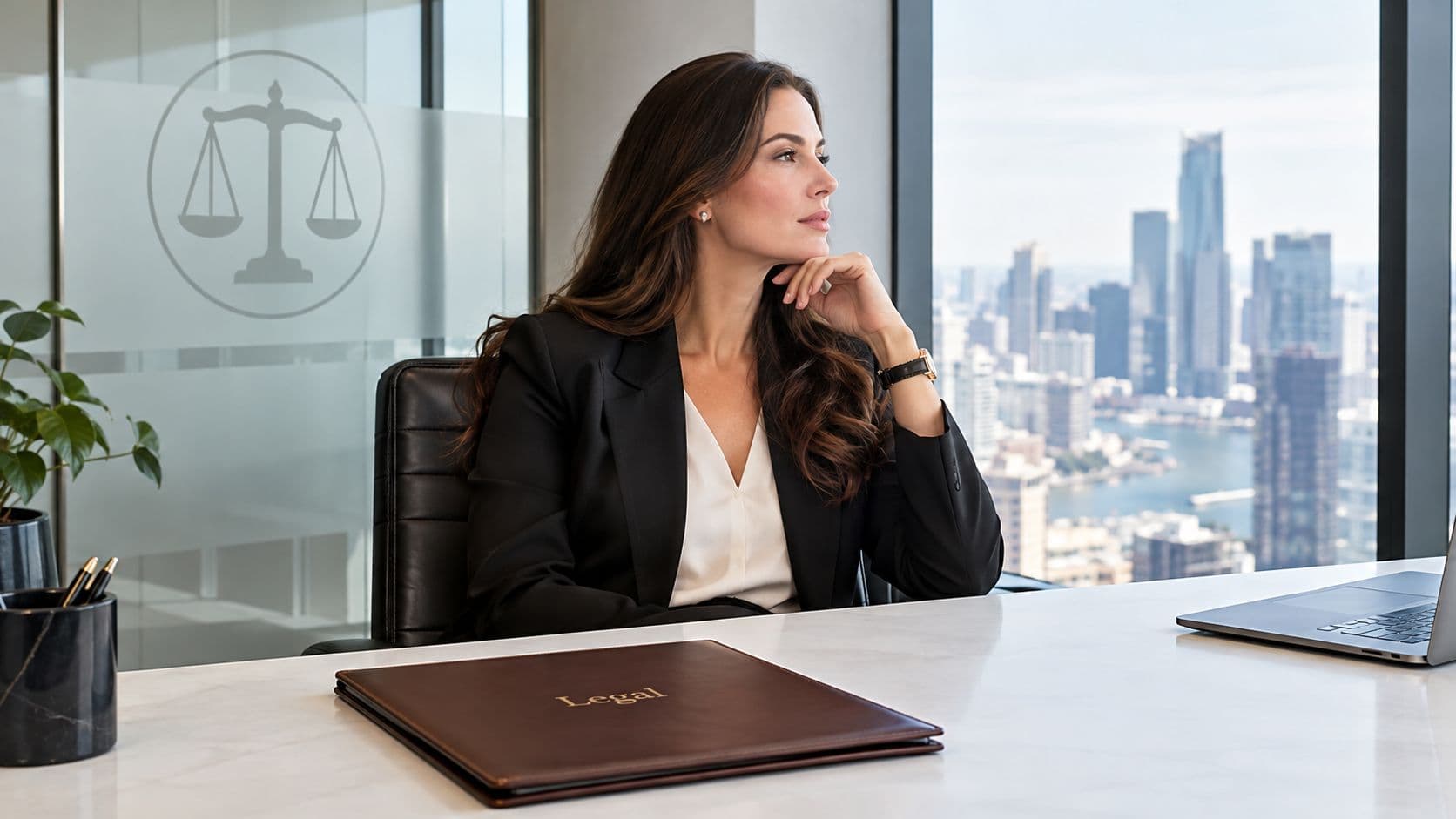 A professional female attorney sits at her desk in a modern high-rise office overlooking a city skyline.