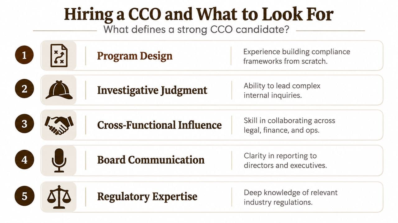 An infographic detailing five key professional attributes to look for when hiring a Chief Compliance Officer.
