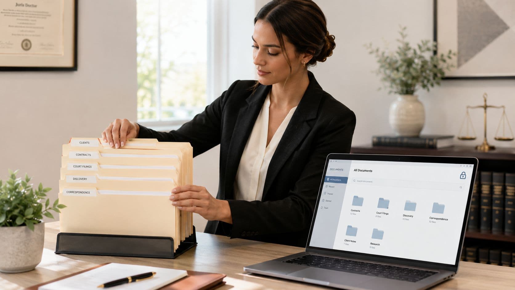 A professional woman organizing physical legal files next to a laptop displaying digital document management software.
