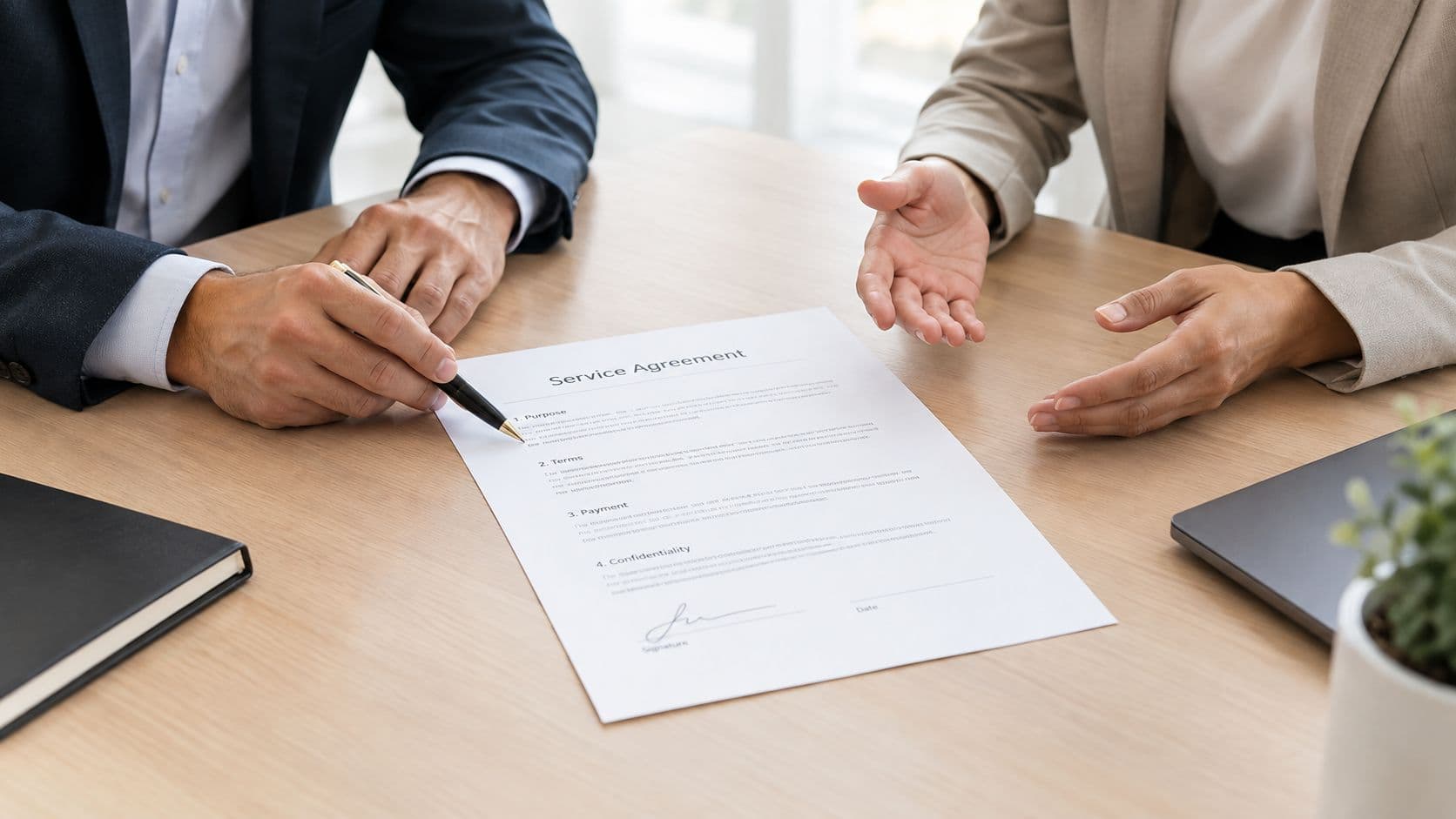 A professional man and woman discussing and reviewing a service agreement document on a wooden office desk.