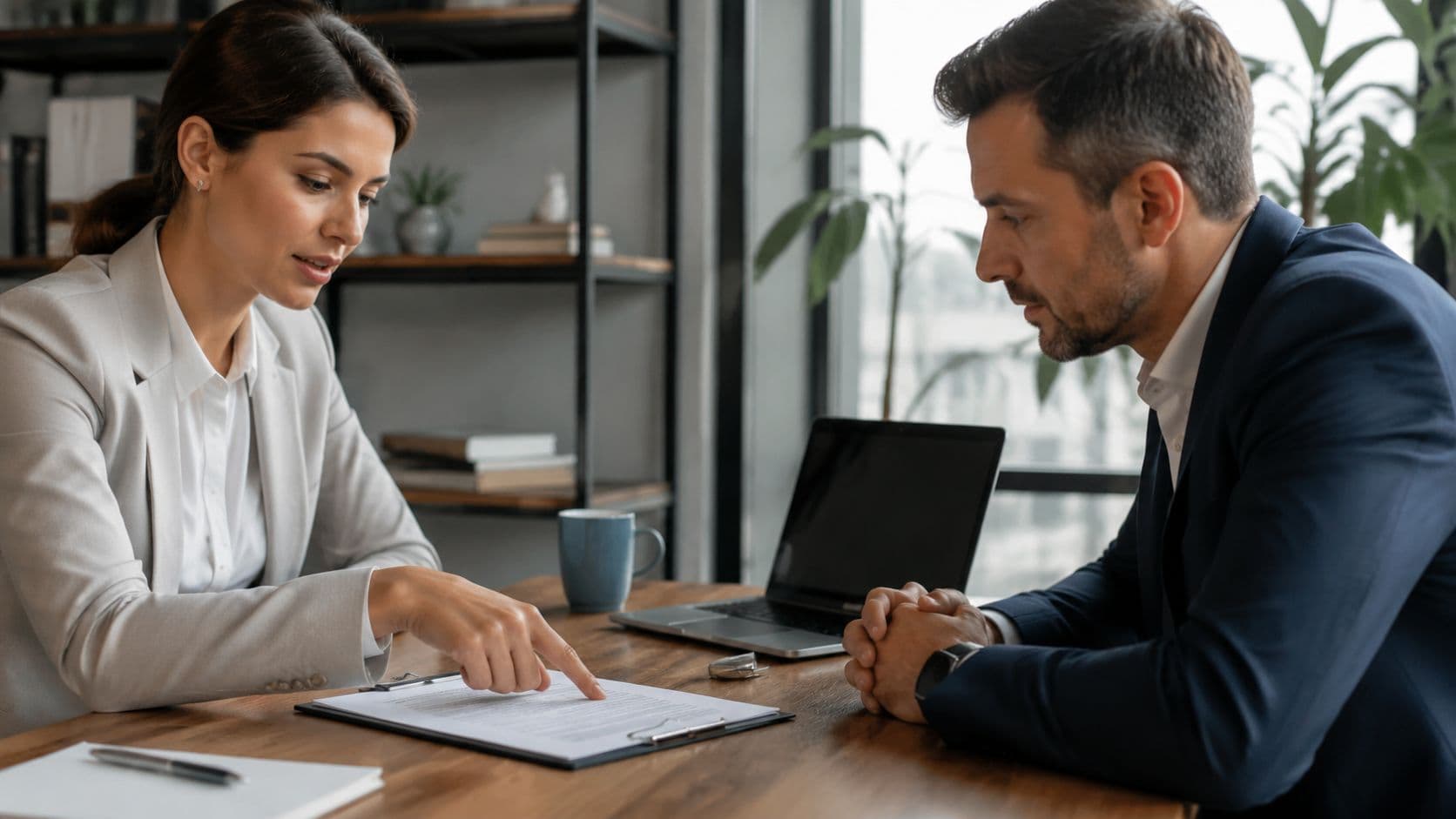 A professional woman in a light suit points to a document while reviewing an employment agreement with a colleague.
