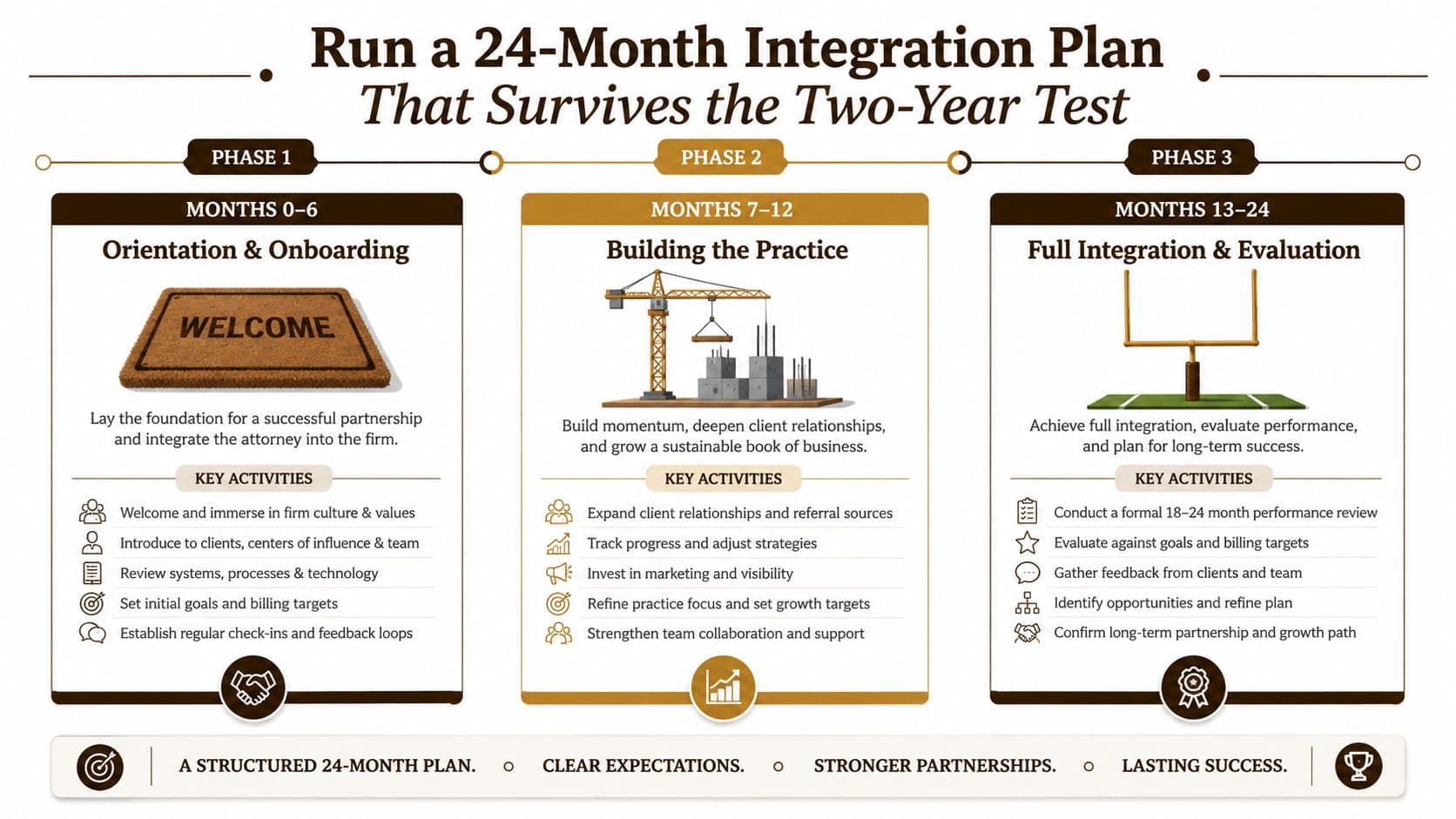 A 24-month roadmap infographic illustrating stages for integrating a new law firm partner into a practice.