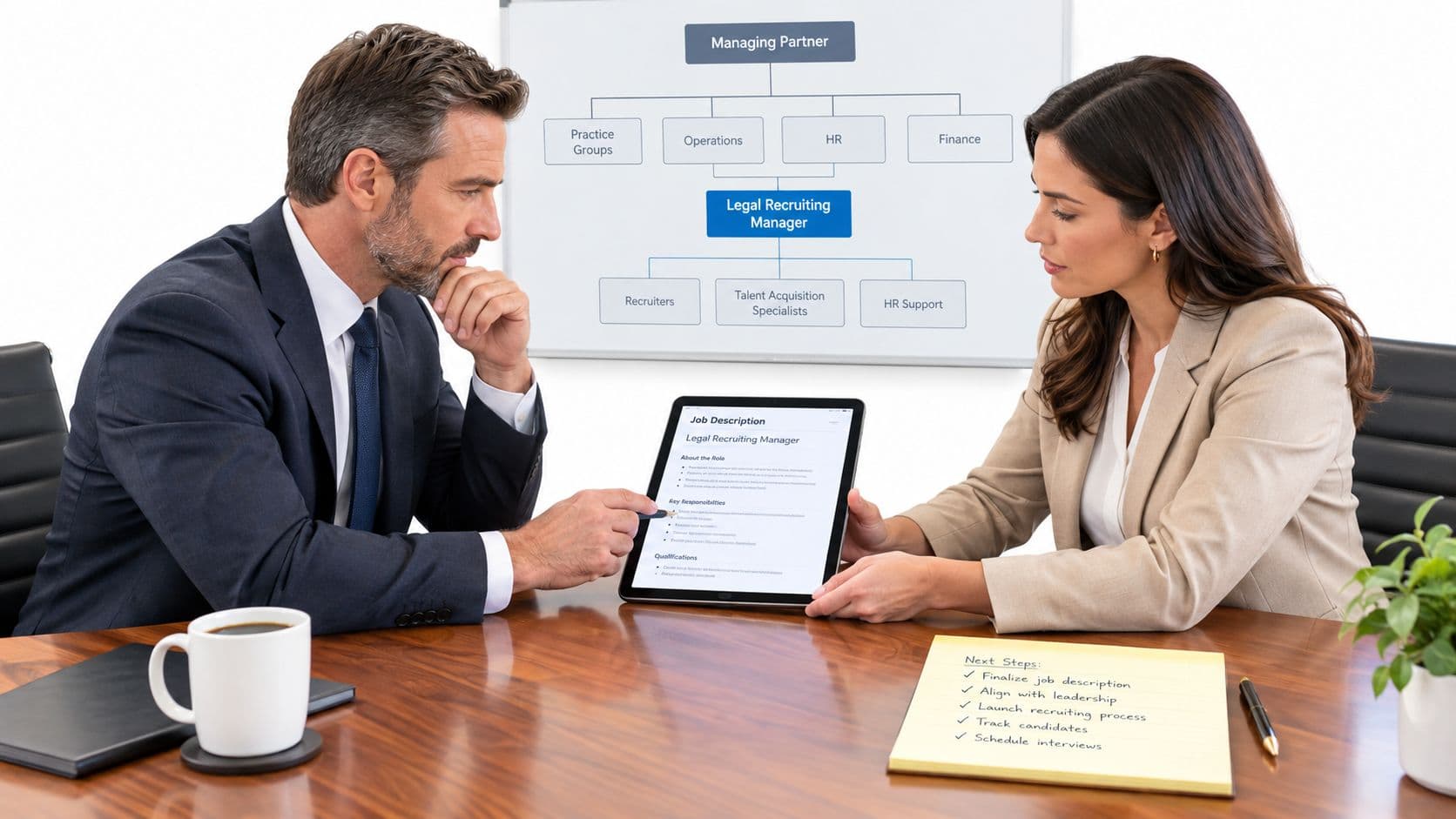 A professional man and woman discussing a legal recruiting manager job description on a tablet in an office.