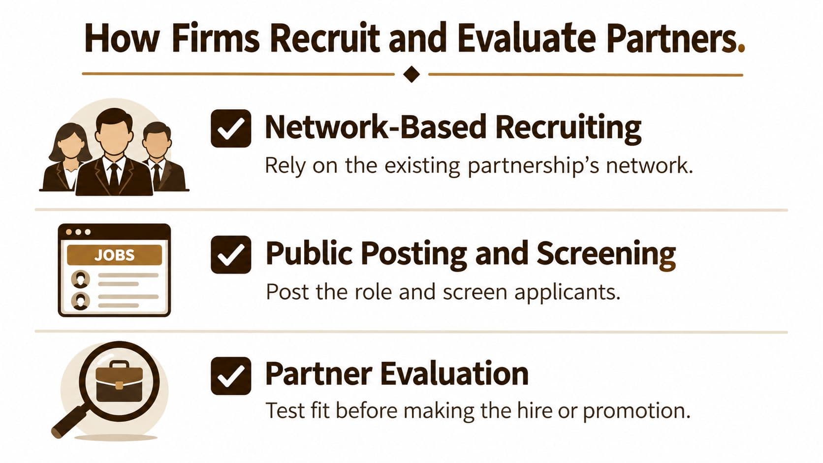 A professional infographic outlining three key methods for recruiting and evaluating law firm partners effectively.