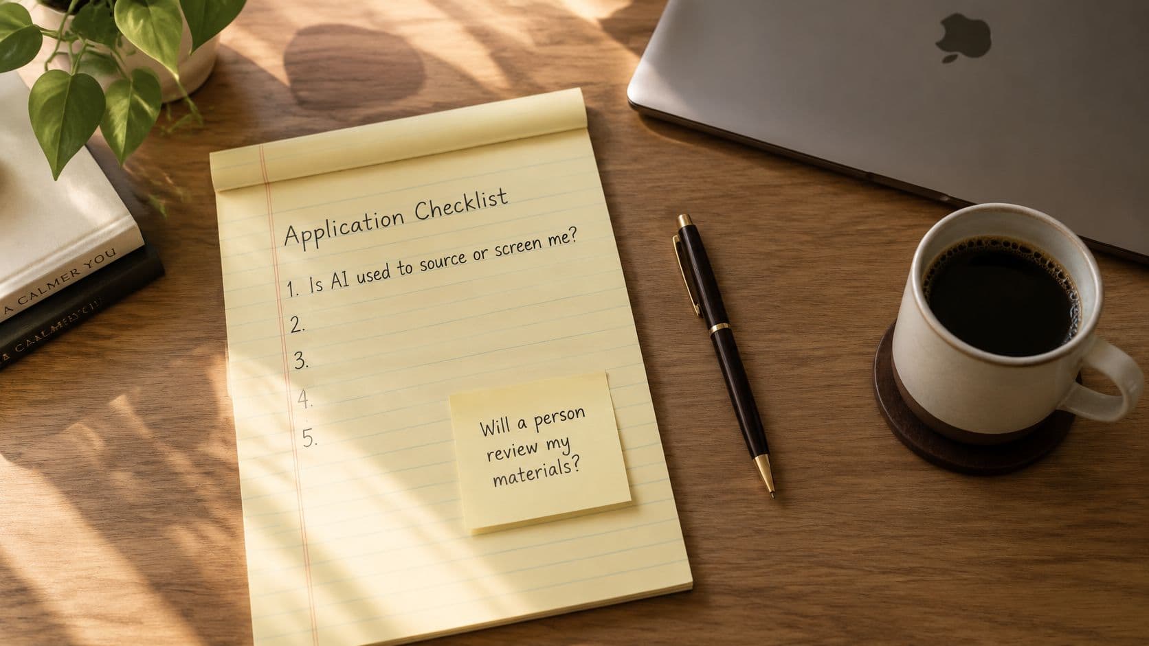 A yellow notepad on a wooden desk with an application checklist and a sticky note questioning AI recruitment.