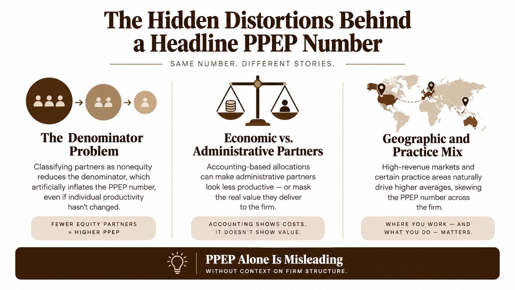 An infographic titled The Hidden Distortions Behind a Headline PPEP Number explaining the flaws in profit per equity partner.