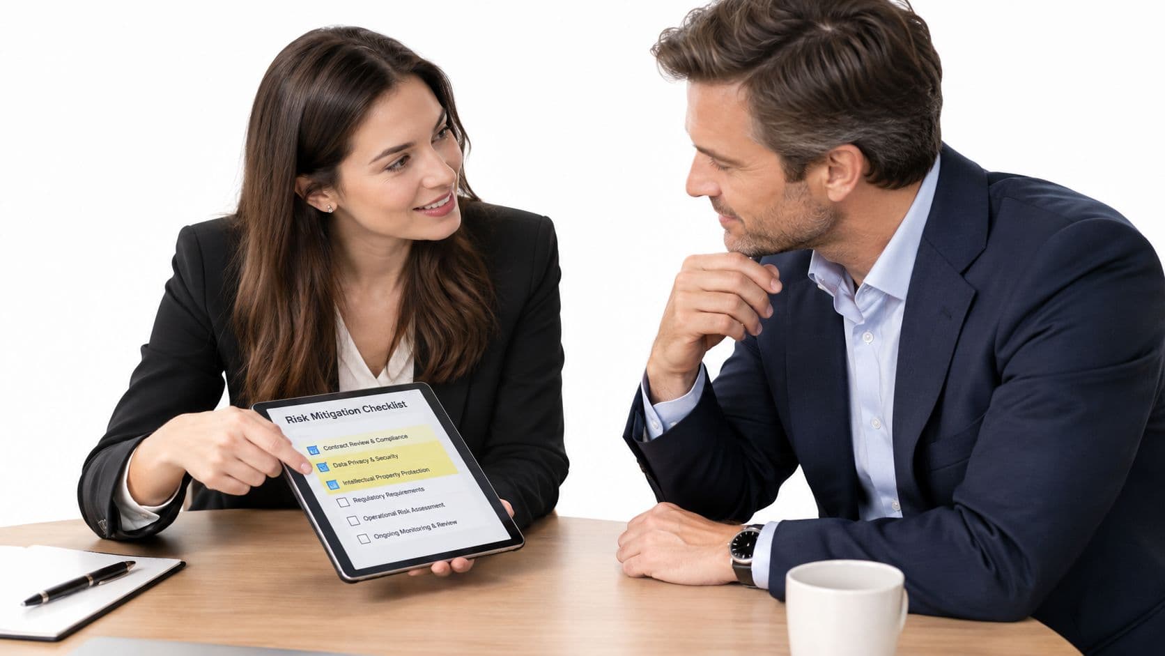 A professional woman showing a digital risk mitigation checklist on a tablet to a colleague during a meeting.