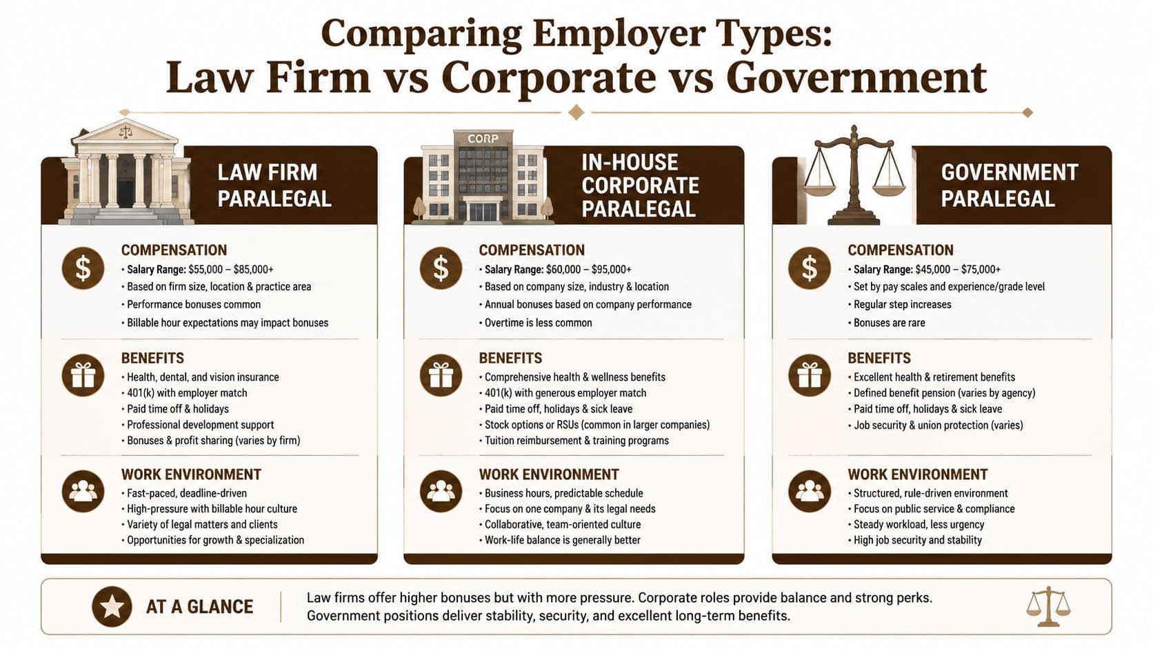A comparison chart outlining compensation, benefits, and work environments for law firm, corporate, and government paralegals.