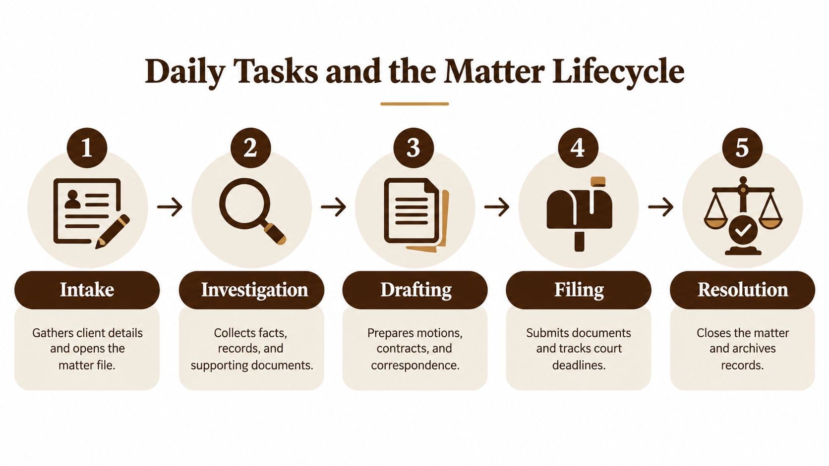 A diagram outlining the five-step legal matter lifecycle process from intake through to final resolution.