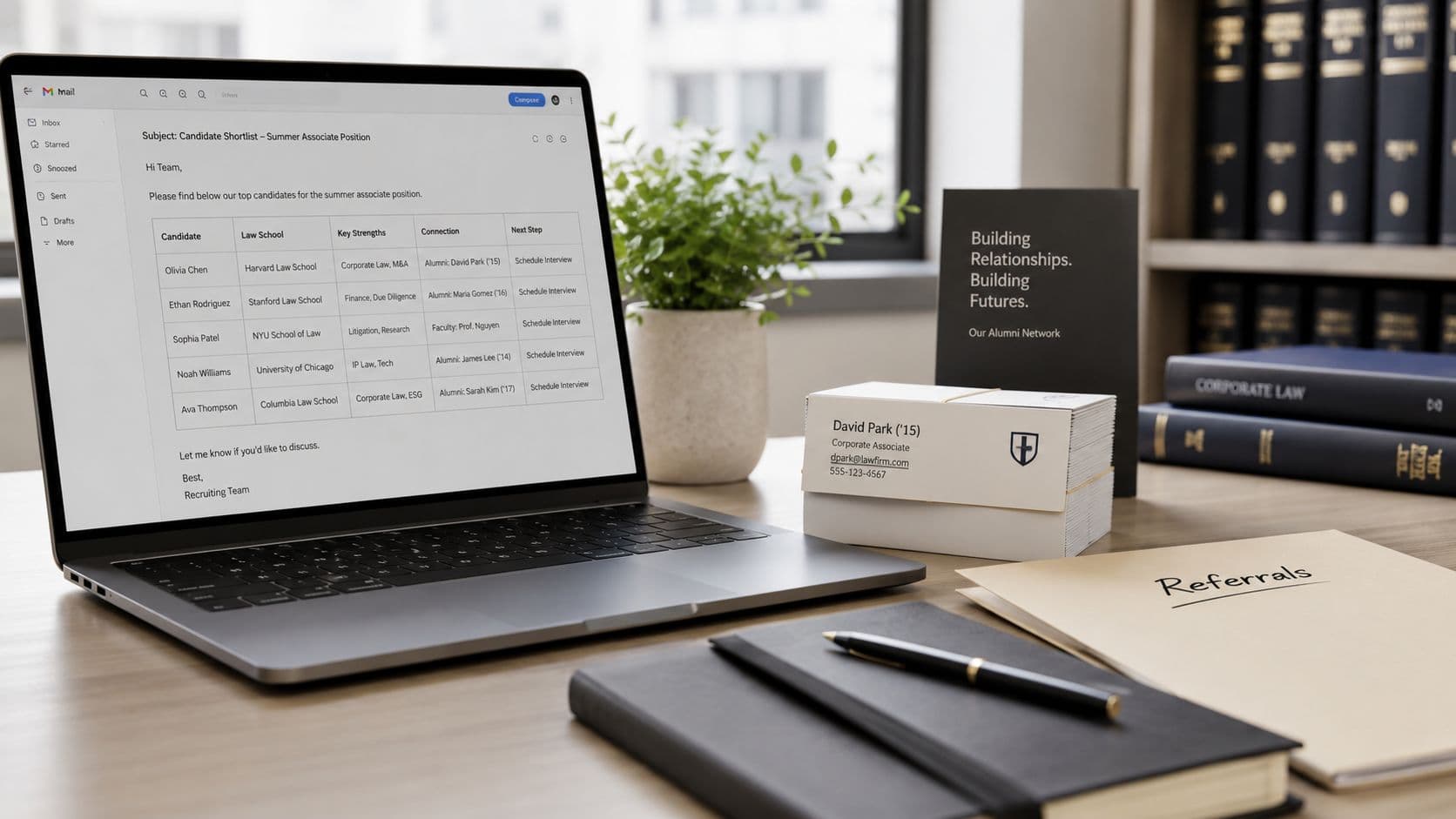 A laptop displaying a candidate shortlist email next to a stack of business cards and office supplies.