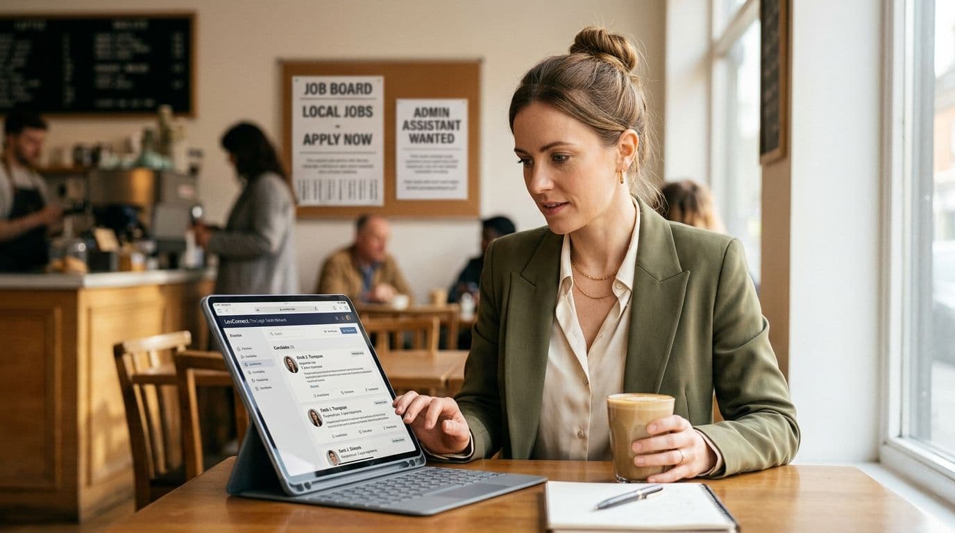 A professional woman uses a tablet to review legal recruitment candidate profiles in a busy cafe setting.