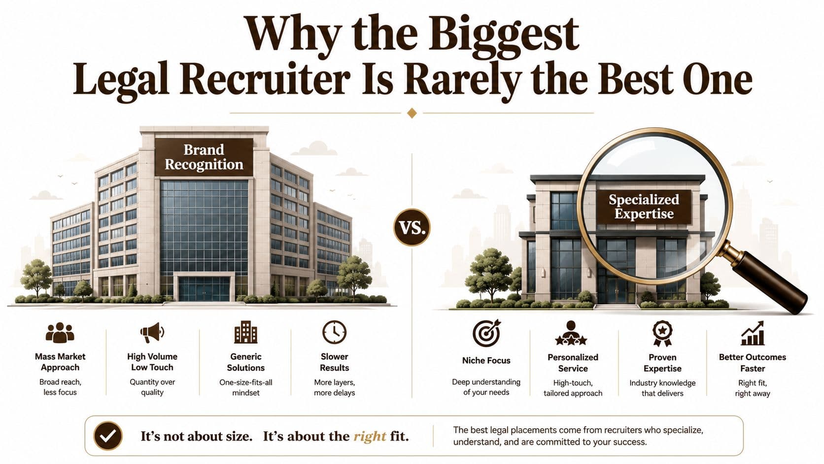 A comparison infographic showing large legal recruiting firms versus specialized recruiters, emphasizing quality over size.