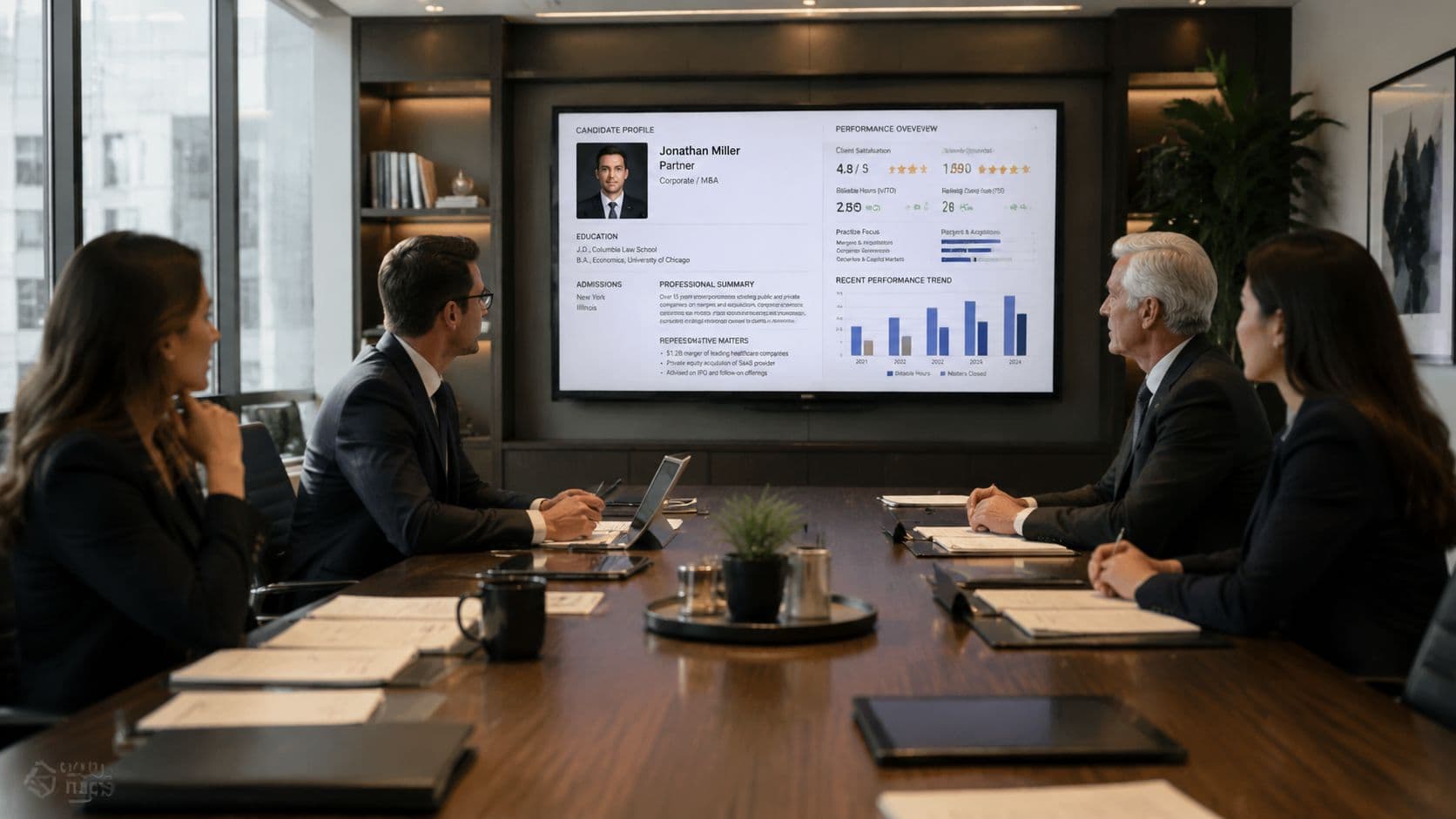 A professional team in a boardroom viewing a candidate profile digital dashboard on a large screen.