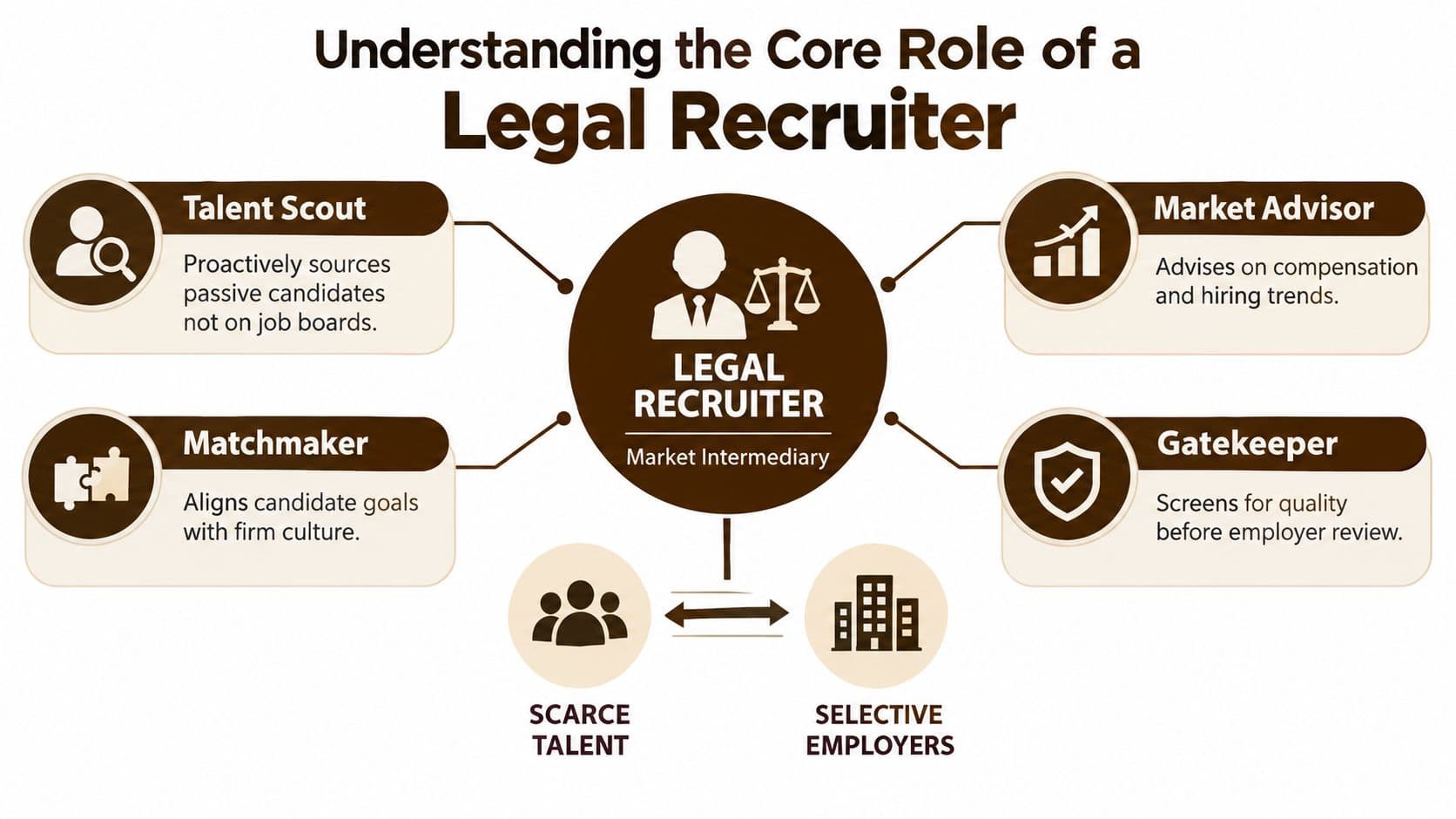 An infographic titled Understanding the Core Role of a Legal Recruiter illustrating their duties and market position.
