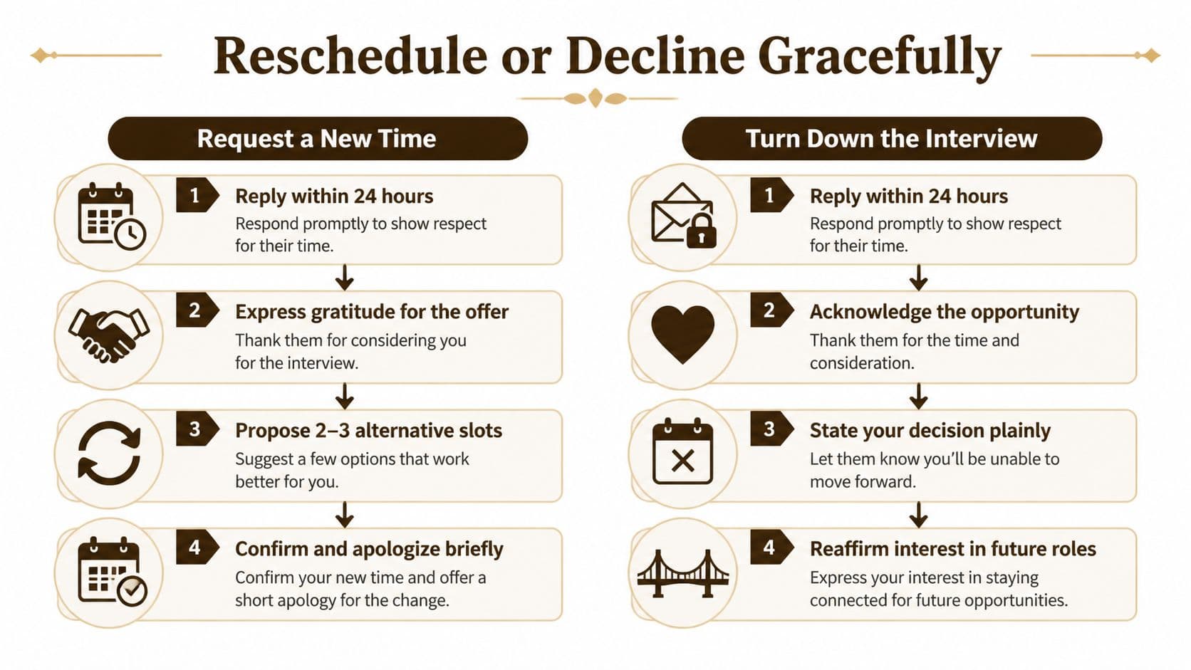 A professional infographic outlining the steps to gracefully reschedule or decline a job interview invitation.
