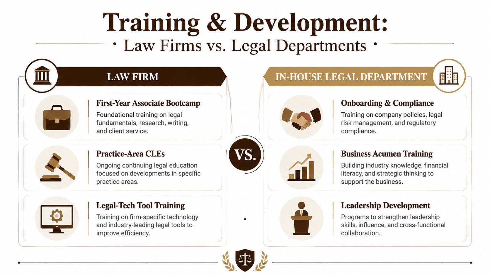 A comparison chart showing training and development programs typical for law firms versus in-house legal departments.