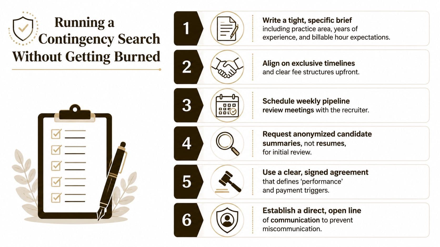 An infographic titled Running a Contingency Search Without Getting Burned featuring six steps for recruiters.