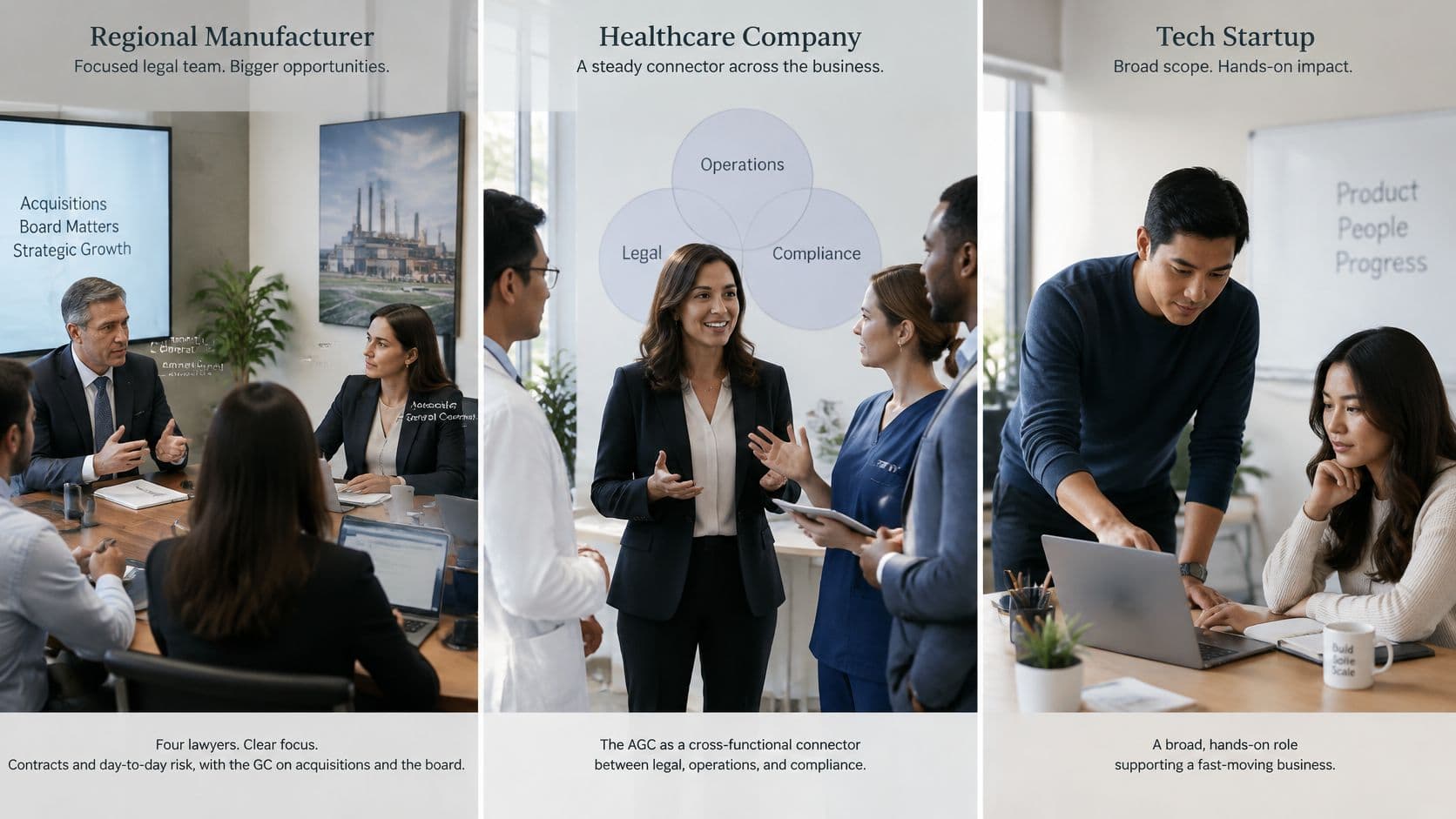 A split image showing three diverse professional settings: a corporate meeting, healthcare collaboration, and a tech startup office.