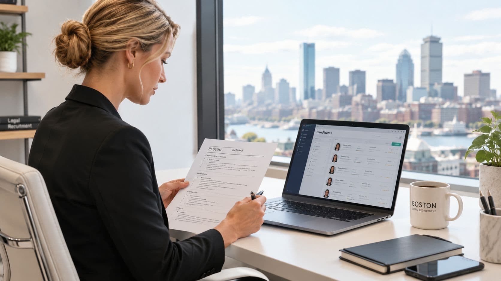 A professional legal recruiter in Boston reviews candidate resumes at her desk overlooking the city skyline.