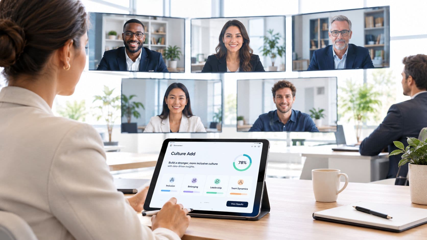 A professional team participating in a hybrid virtual meeting while viewing a culture assessment on a tablet.
