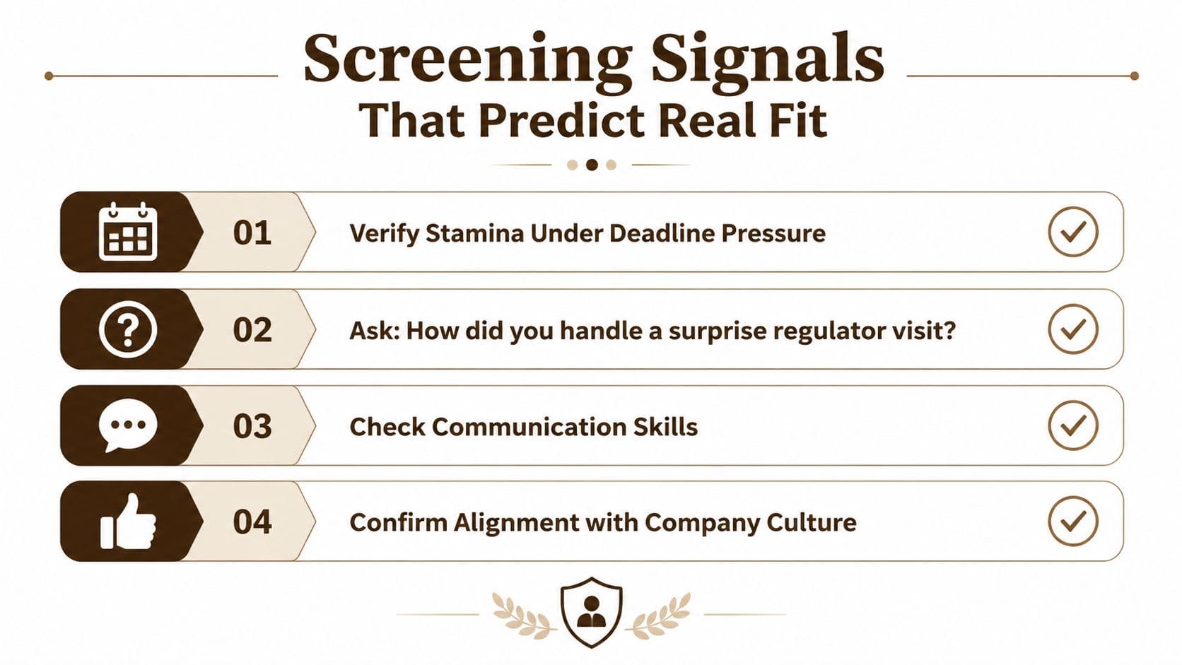 A four-point infographic titled Screening Signals that outlines key hiring criteria for assessing professional job candidates.